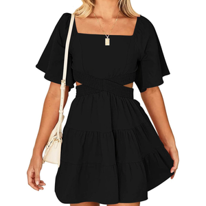 3 Pack Women's Summer Dresses Square Neck Casual Short Sleeves Crossover Elastic Waist Party Mini Dress S