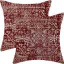 Boho Pillow Covers 20x20 Set of 2, Burgandy Red Carpet Pattern Decorative Throw Pillows Linen Ethnic Design Bohemian Farmhouse Cushion Pillow Covers for Sofa Couch Outdoor Decor