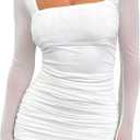 BORIFLORS Women's Sexy Ruched Bodycon Mini Dress Mesh Long Sleeve Club Party Short Dresses (Large, White)