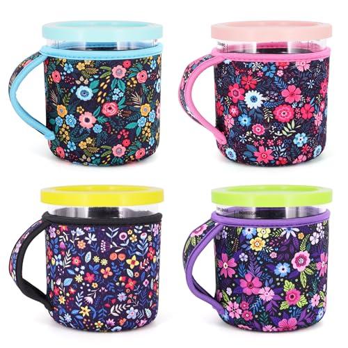 4Pack Reusable 24oz Ice Cream Sleeves with Handle, Neoprene Insulated Sleeves for Ninja Creami NC501, NC500 Series Deluxe Ice Cream Maker Containers(Flower)