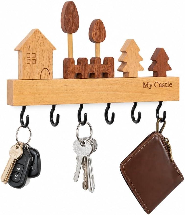My Castle Wooden Key Holder Wall Mounted with 6 Hooks, Rustic Solid Wood Entryway Organizer, Cute House & Tree Design, Heavy Duty Wall Hooks for Keys, Bags, Hats