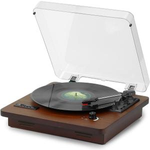 Vinyl Record Player with Bluetooth Input/Output, FM Radio, USB/SD Play&Recording, 3 Speed Turntable with Built-in Speakers, RCA Output, AUX in, Earphone Jack