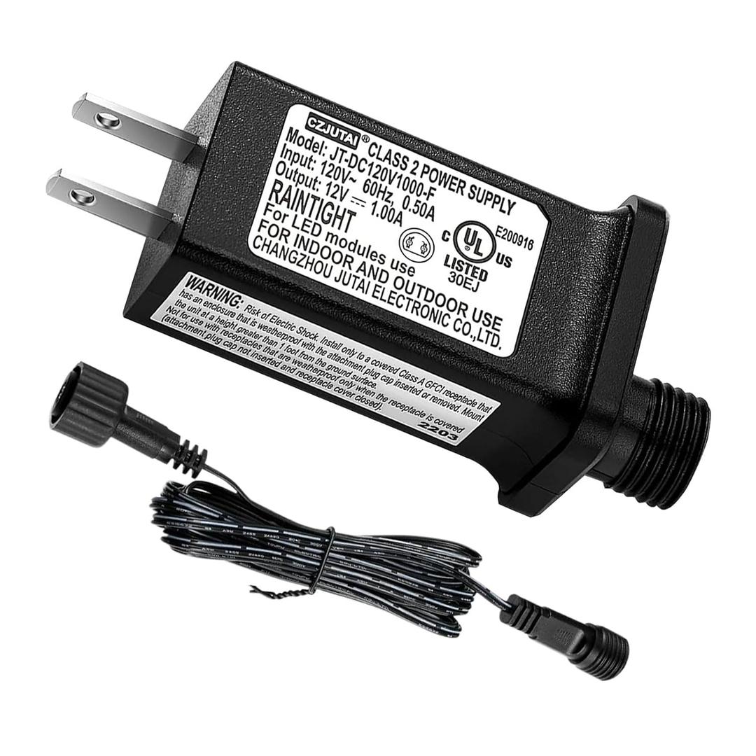 12V 1A LED Controller with Extension Cord, Replacement Model JT-DC120V1000-F Class 2 Power Supply Ip44 Low Voltage Transformer for Christmas String Light Inflatable Decorations