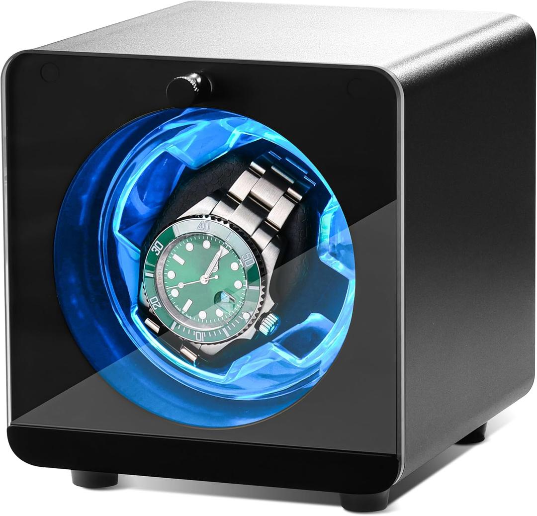 Single Watch Winder Ultra Quiet 0dB Automatic Watch Winder for Rolex Omega, Aluminum Case with Blue LED Light,Self Winding Watch Box for Men