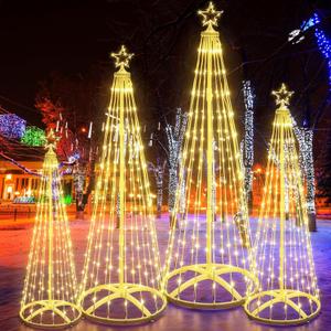4 Pack 4/5/6/7 Ft Christmas Cone Trees LED Lights Outdoor Lighted Smart Timer with 8 Lighting Modes, Warm White Dimmable Christmas Tree with Star Topper for Indoor Outdoor Holiday Decor