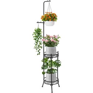 CZWL&HG Hanging Plant Stand Adjustable 2-Tier 72" Metal Shelf -Tall Indoor/Outdoor Plant Rack with Hangers for 4 Potted Flowers, Corner Shelf for Living Room & Patio (Black)