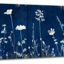 Navy Blue Botanical Wall Art Boho Flower Wall Decor Minimalist Wildflower Canvas Prints Vintage Farmhouse White Floral Painting Abstract Nature Plant Artwork for Bathroom Bedroom Decorations 14x48"