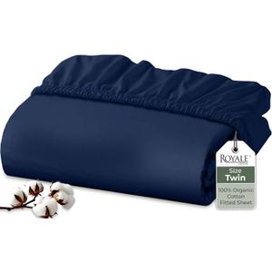 Royale Linens 100% Organic Cotton Fitted Sheet - Percale Weave - Super Soft Deep Pocket Bottom Sheets - Navy Elastic Sheet Twin Size - Twin Fitted Sheets Only - (39"x75"+15", Navy)