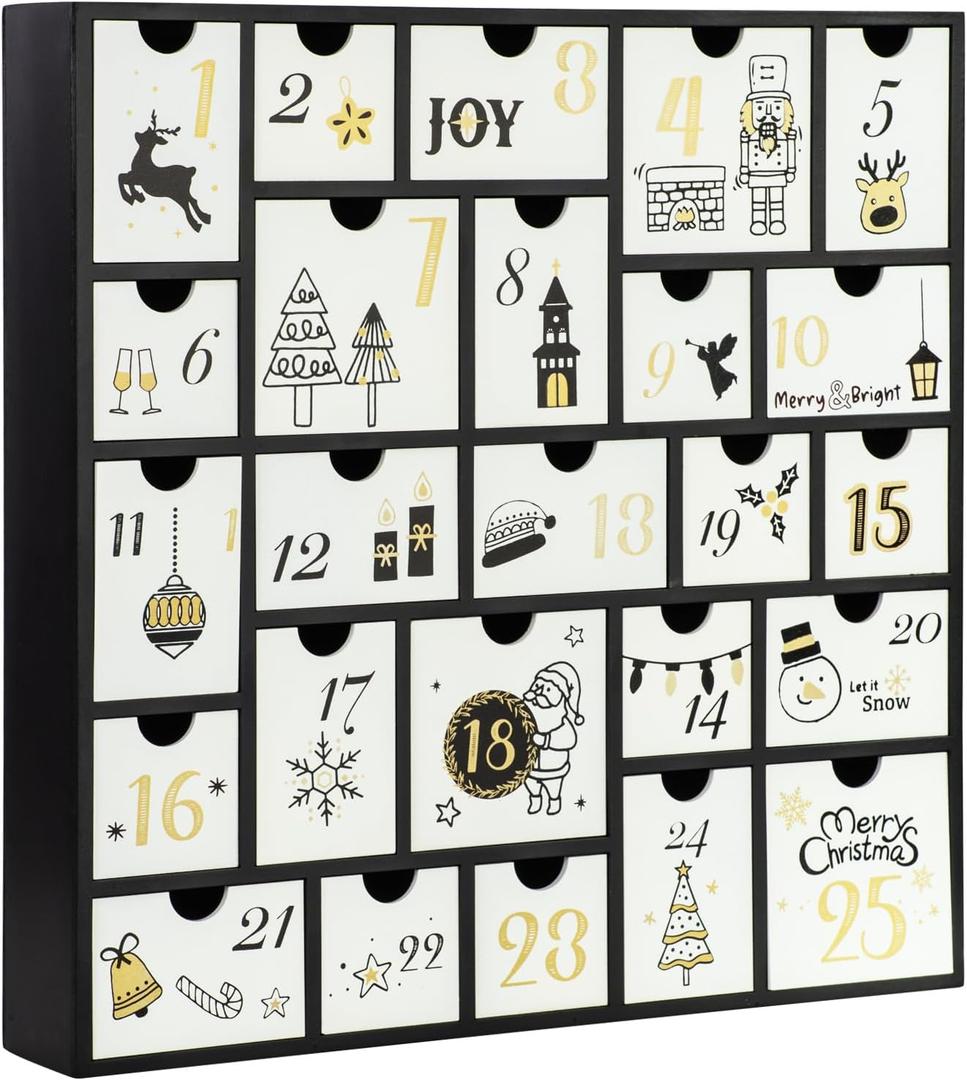 GUOER 2025 Wooden Advent Calendar, 13 Inch Christmas Advent Calendar with 25 Large Drawers, Christmas Countdown Calendar, Premium Wood Hand Painted Refillable Advent Cute Holiday Decoration (Black)
