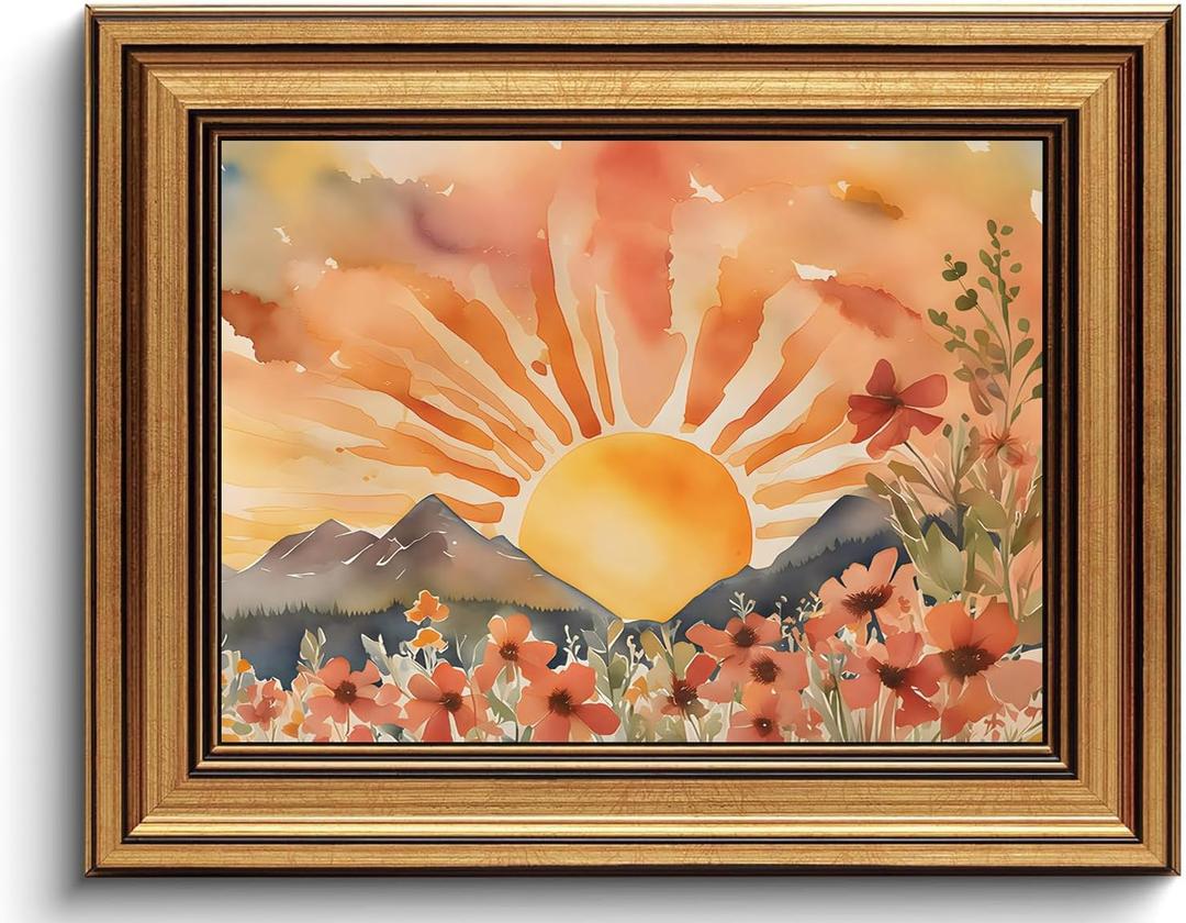 Gold Framed Wall Art Boho Canvas Art Prints Sun Pictures Wildflower Paintings Landscape Wall Decor Watercolor Artwork for Bedroom Home Office 8x10in