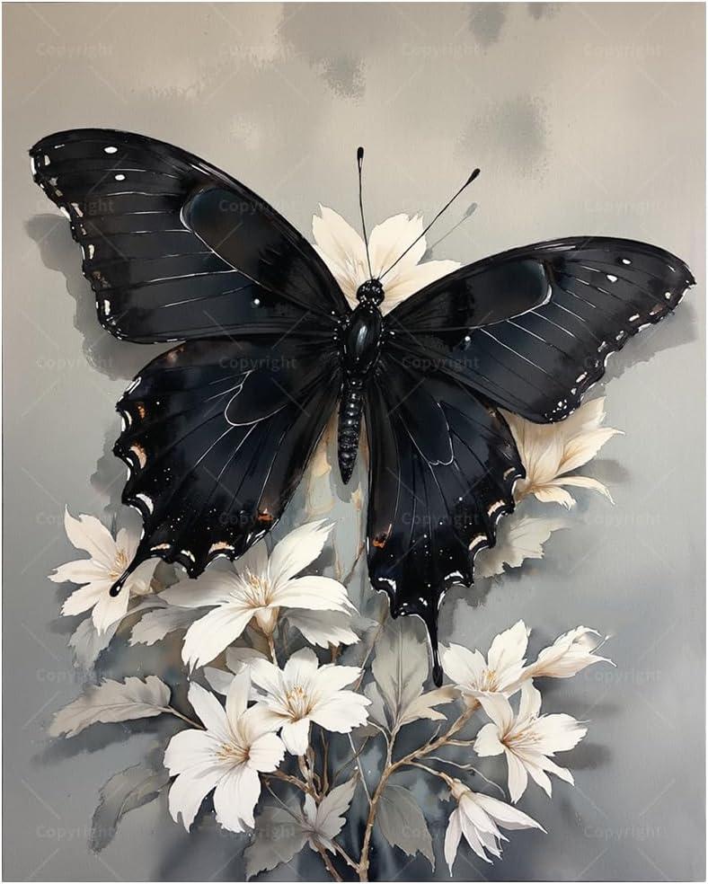 Butterfly Paint by Numbers Kit for Adults - DIY Black Butterfly on White Flowers Painting on Canvas 16x20In, Acrylic Paint Set, Suitable for Beginners, Art for Home Decoration or Gifts