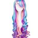 OYSRONG Women Long 31.5''/80cm Curly Multicolor Wig, Rainbow Wavy Cosplay Party Heat Resistant Fibre Wig