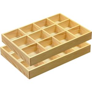 2 Pack Wooden Sorting Tray Grid Display Wood Divided Organizer Vanish Finished Section Box (12 Compartments,12.9 x 9.1 x 1.55 Inch Each Tray)