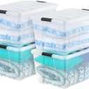 IRIS USA 94 Qt Stackable Plastic Storage Bins with Lids, 4 Pack - BPA-Free, Made in USA - See-Through Organizing Solution, Latches, Durable Nestable Containers, Secure Pull Handle - Clear