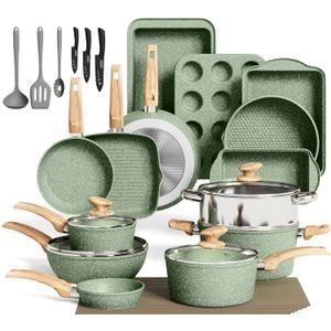 MAISON ARTS 30 Piece Pots and Pans Set Non Stick, Kitchen Cookware & Bakeware Sets with Nonstick Granite Coating, Baking Tray, Frying Pan and Saucepan, Green