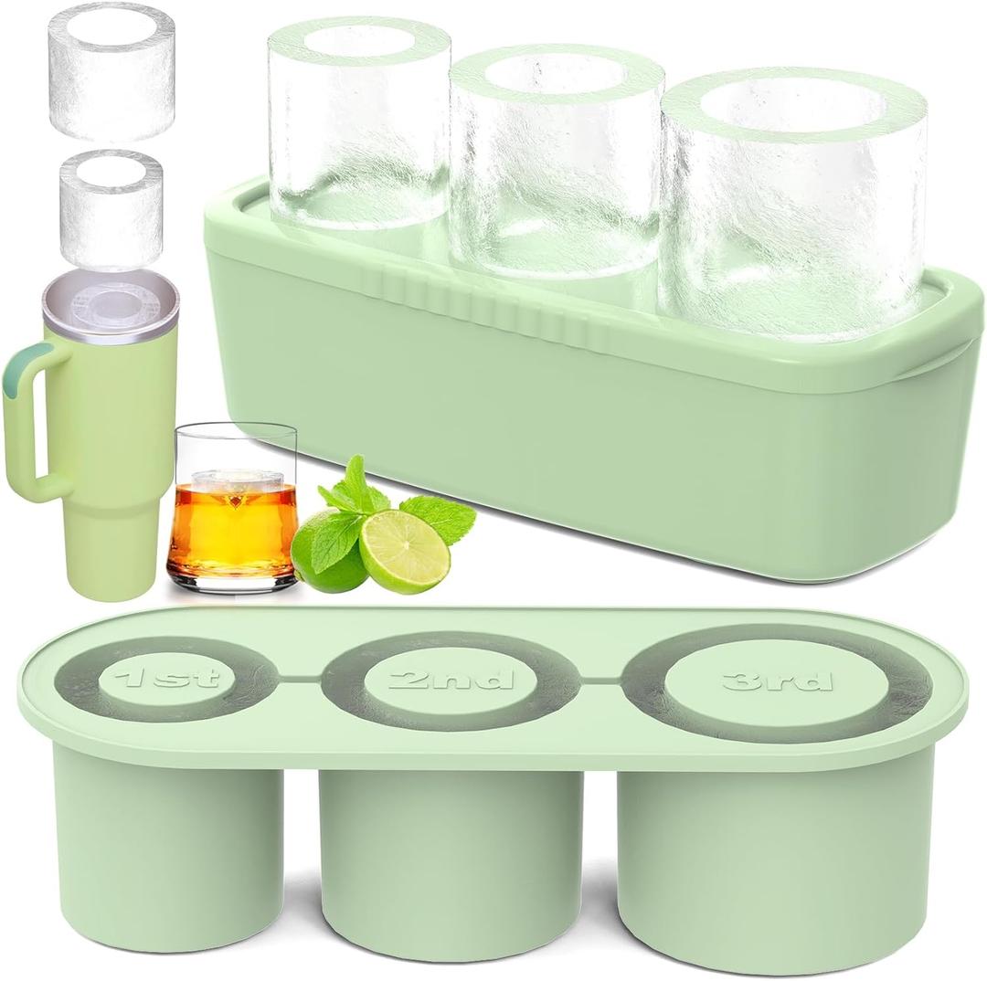 Ice Cube Tray for Tumbler Cup 30Oz-40Oz, 3 Pcs Silicone Cylinder Ice Mold with Lid and Bin for Freezer, Easy Fill and Release Ice Maker for Whiskey, Cocktail BPA-Free (Green)