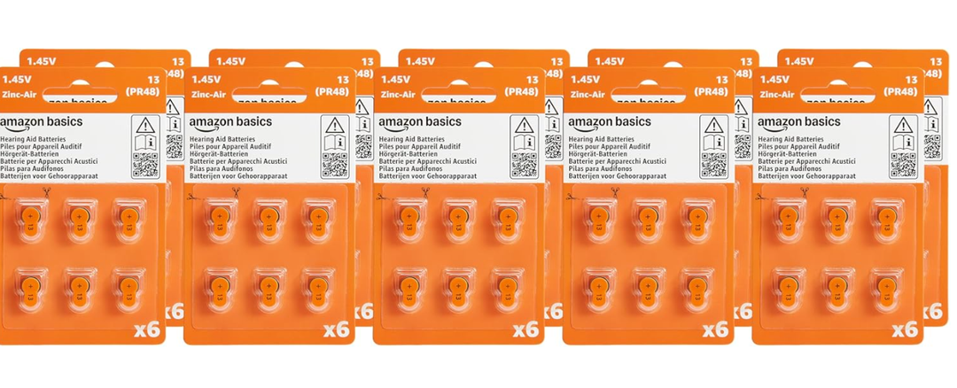 Amazon Basics 60-Pack Size 675 Zinc-Air Hearing Aid Batteries, 1.45 Volt, Orange Tab, 4-Year Shelf Life, Mercury Free, Child-Safe Package (Use Scissors to Open)