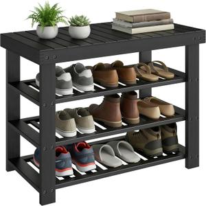 SONGMICS Shoe Rack Bench, 4 Tier Bamboo Shoe Storage Organizer, Entryway Bench, for Living Room, Bathroom, Bedroom, 11.3 x 27.6 x 20.5 Inches, Ink Black ULBS370BH01