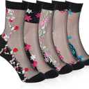 5 Pairs Womens Sheer Socks, Ultra Thin Mesh Socks with Flowers | Ankle Length Sock Candy, for Womens Summer (Black, No Size)
