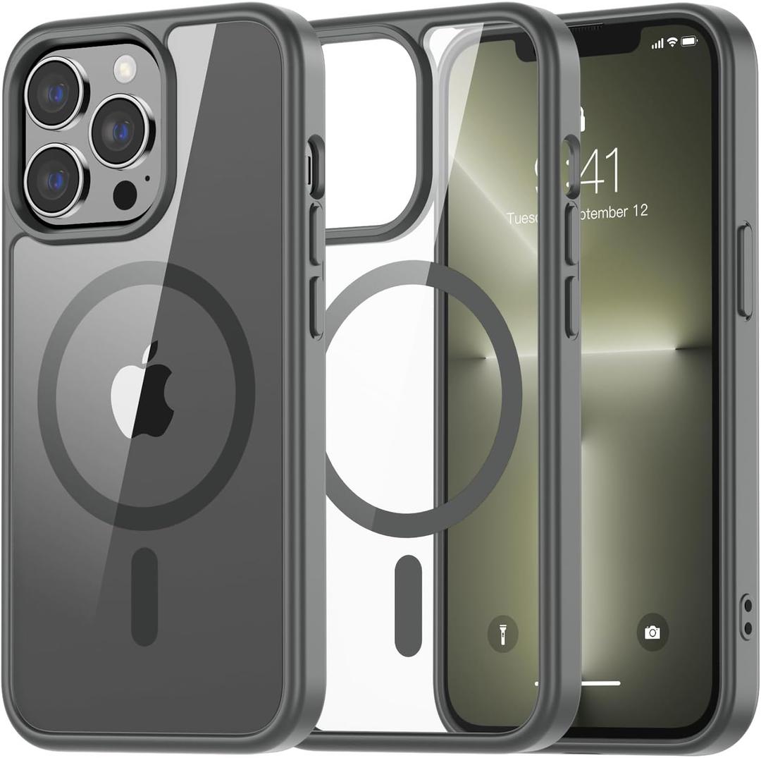 SUPFINE Magnetic for iPhone 13 Pro Max case, [Compatible with MagSafe][Clear Hard Back with Soft TPU Bumper][12FT Military Grade Drop Protection] Shockproof Phone Case,Clear Gray
