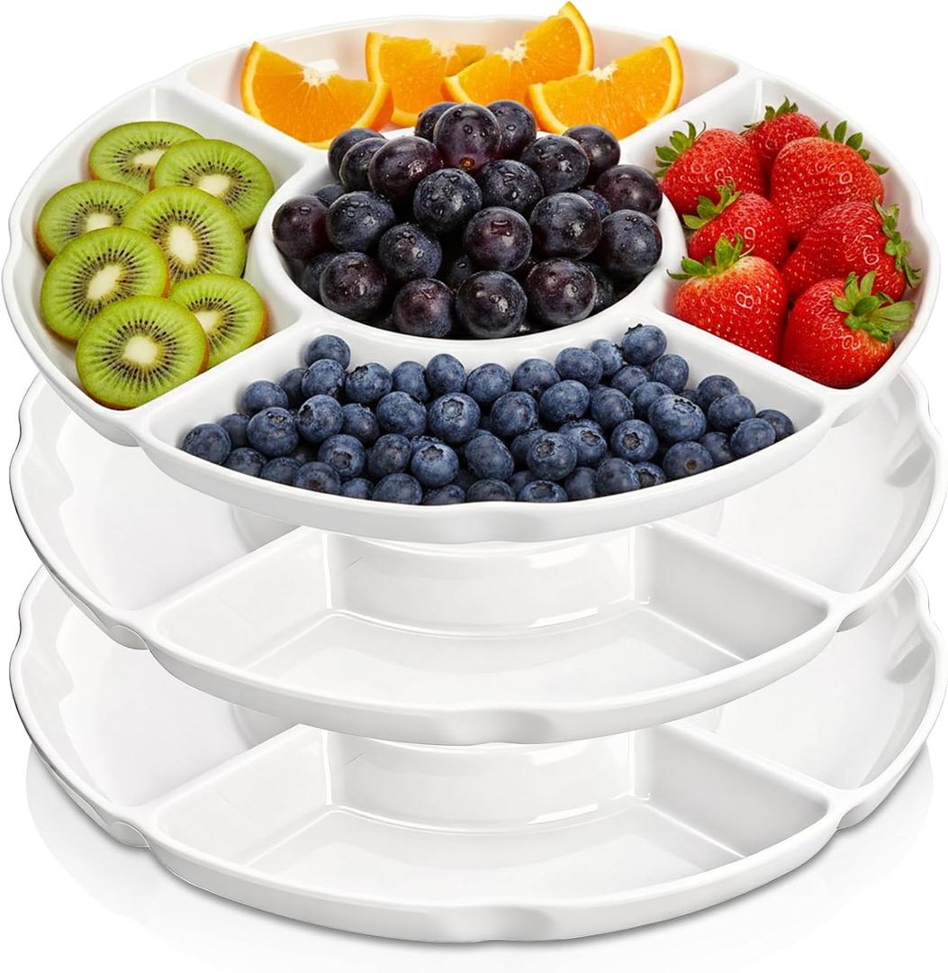 3 Pack Divided Serving Tray, 13 Inch Melamine Chip and Dip Platter, 5 Sectional Appetizer Veggie Plate, Party Snack Relish Tray for Serving Food, Nuts, Candy, Dried Fruit, Veggies