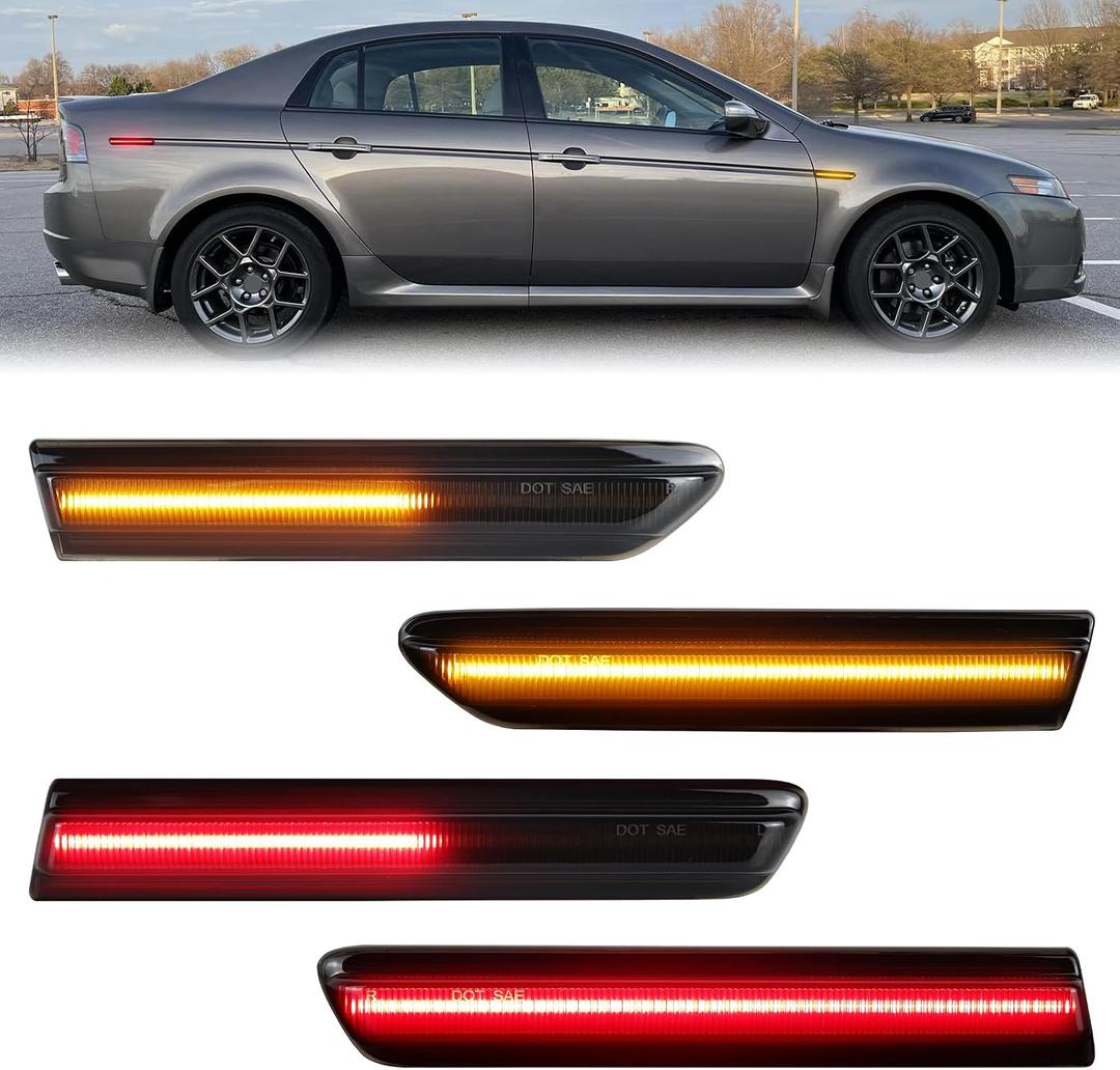 Dynamic Amber Red LED Side Marker Lights for Acura TL 2004 2005 2006 2007 2008 Front Rear Smoked Lens Fender Bumper Sequential Indicator Lamps Assembly, Replace OEM 33850SEPA01