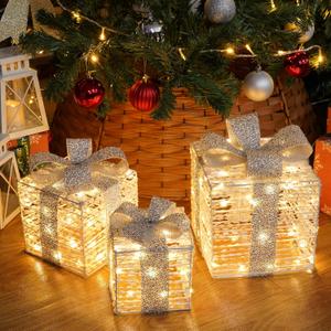 SANHSEHOME Set of 3 Christmas Lighted Gift Boxes, Plug-in 140 LED Light Up Present Boxes for Christmas Decorations Indoor Home Porch Wedding Holiday Birthday Party (Silver Bow)