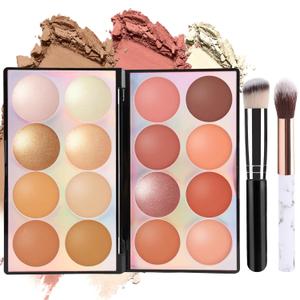 16 Colors Contour Highlighter Blush Palette with 2Pcs Brushes, Powder Blush for Cheeks, Long Lasting Contour & Illuminator for Natural Glow & Face Sculpting (8 Blushes + 4 Highlighters + 4 Bronzers) (Multi-colored)