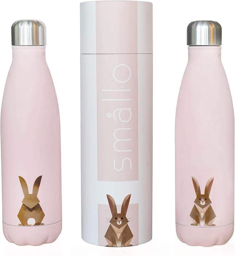 smllo | Water Bottle with Cute Bunny Design | Stainless Steel | Double Wall Insulated | Pink | 17oz