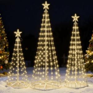 JOYIN 3 Pack LED Christmas Cone Tree Lights, 4FT 5FT 6FT Outdoor Lighted Tree with 8 Lighting Modes & Star Topper, Christmas Decorations for Yard Porch Patio Garden Holiday Decor, Warm White