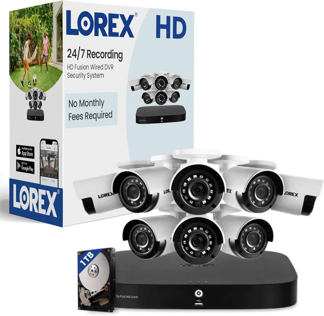 Lorex Fusion 1080p HD Security Camera System w/ 1TB DVR  8 Channel Home Security System w/ 8 Analog Metal Bullet Cameras  Smart Motion Detection, Long Range IR Night Vision, Weatherproof