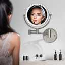 Wall Mounted Lighted Makeup Vanity Mirror with Magnification, 8 Inch Double Sides 10X Magnifying Bathroom Mirror 3 Color Lighting Touch Dimming, Extended Arm Shaving Mirror Hard Wired, Brushed Nickel