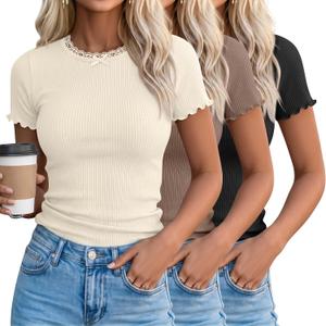 3 Pack Women's Lace Tops Ribbed Short Sleeve Lettuce Trim T-Shirts Cute Crewneck Summer Fitted Bow Knot Casual Tees (L)