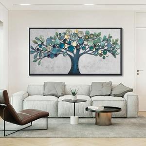 CHATYOUNG Wall Art Living Room - Framed Teal Blue Tree of Life Abstract Landscape Painting Modern Leaf Theme Print Artwork for Dining Room Bedroom Bathroom Office Home Decor 48"x24"