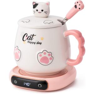 Bgbg Coffee Mug Warmer & Cute Cat Mug Set, Beverage Cup Warmer for Desk Home Office with Three Temperature Up to 140/ 60, Coffee Warmer for Cocoa Milk Tea Water Candle, 8 Hours Auto Shut Off