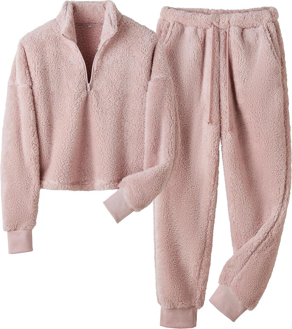 LTSCNRM Womens Fuzzy Pajamas Sets Lounge Fluffy Fleece Sleepwear Zip Up Pullover Pockets (X-Large, Mauve)