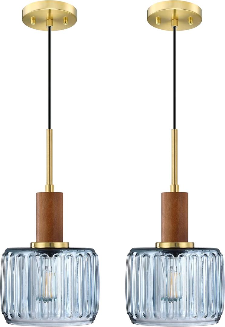 2 Pack 1 Light Industrial Modern Farmhouse Hanging Kitchen Island Pendant Ceiling Light Fixtures,Natural Wood Clear Textured Blue Glass Gold Finish Over Sink Restaurant bar Corridor