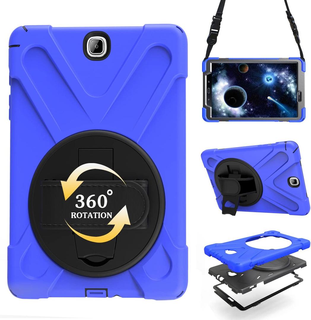 Shockproof Case for Samsung Galaxy Tab A 9.7'' 2015 (SM-T550 T555 SM-P550 P555),Portable Heavy Duty Tablet Cover with 360 Rotating Stand Handle Strap & Shoulder Belt Carrying Case (New Blue)