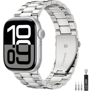 MoKo Metal Bands for Men Women Compatible with Apple Watch Ultra 3/2/1 49mm,S11/S10 46mm,9/8/7 45mm,SE3/SE2/SE/6/5/4 44mm,3/2/1 42mm,Adjustable Stainless Steel Strap Business Replacement Wristband (Silver)