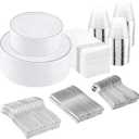 I00000 350Pcs Silver Plastic Dinnerware Set, Plastic Plates Disposable for 50 Guests Include: 100 Silver Rim Plates, 50 Paper Napkins, 50 Cups, 50 Plastic Silverware Set Perfect for Party & Wedding