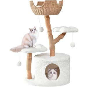 Easyego Modern Cat Tree, 40.5" Aesthetic Wood Cat Tree Tower for Large Cats, Luxury Cat Condo with Scratching Posts and Flower Platforms, Cat Furniture, White