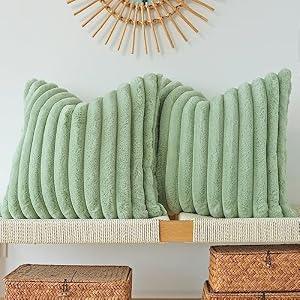 JOJUSIS Pack of 2 Faux Fur Plush Decorative Throw Pillow Covers Couch Cushion Case Soft Pillowcases (Sage Green, 24 x 24-Inch)