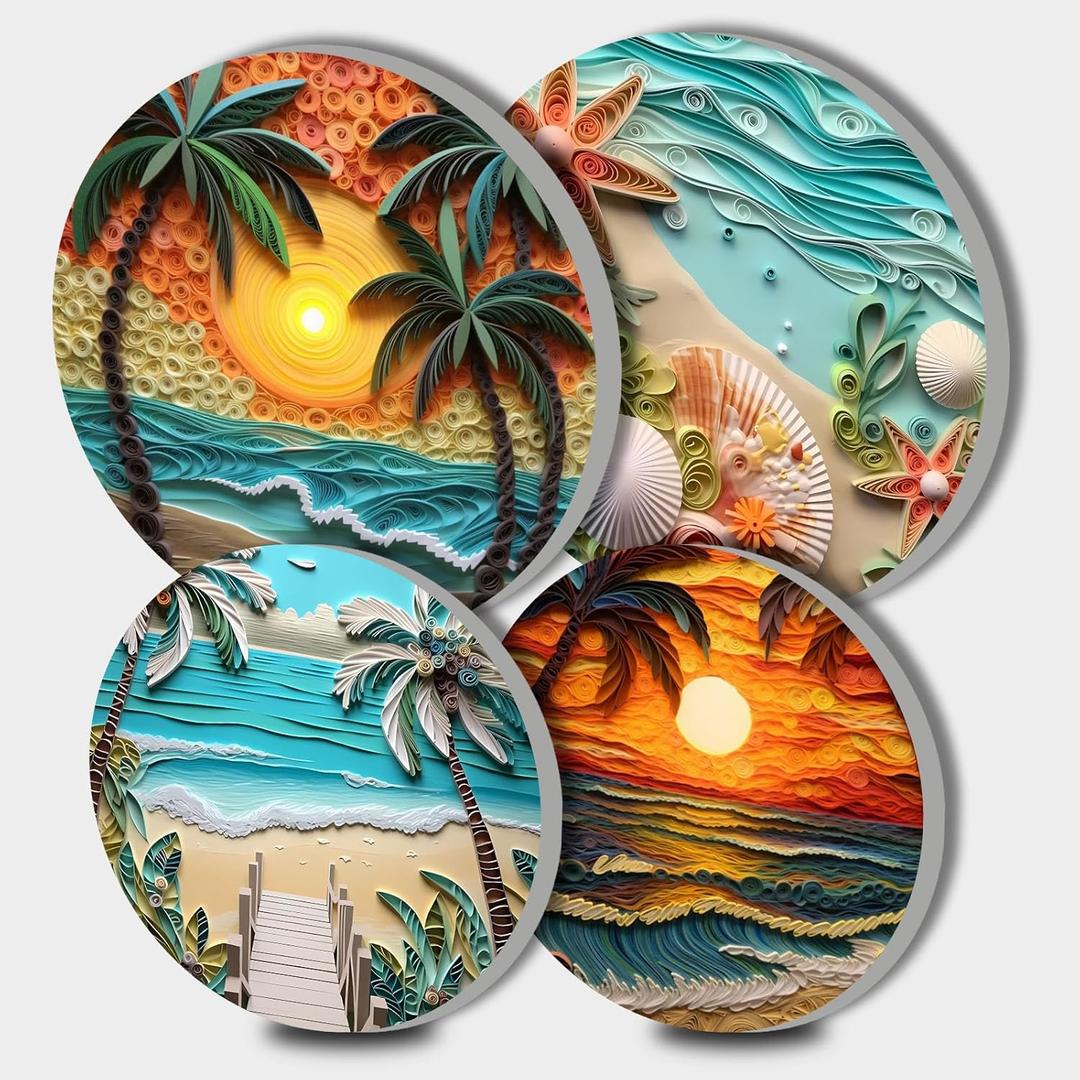 Tucocoo Abstract Beach Electric Stove Burner Covers, Set of 4 Round Stove Burner Covers, 8Inches and 10Inches, Gas Stove Burner Covers, Metal Stove Burner Cover, Palm Tree Sunset Cooktop Decorative