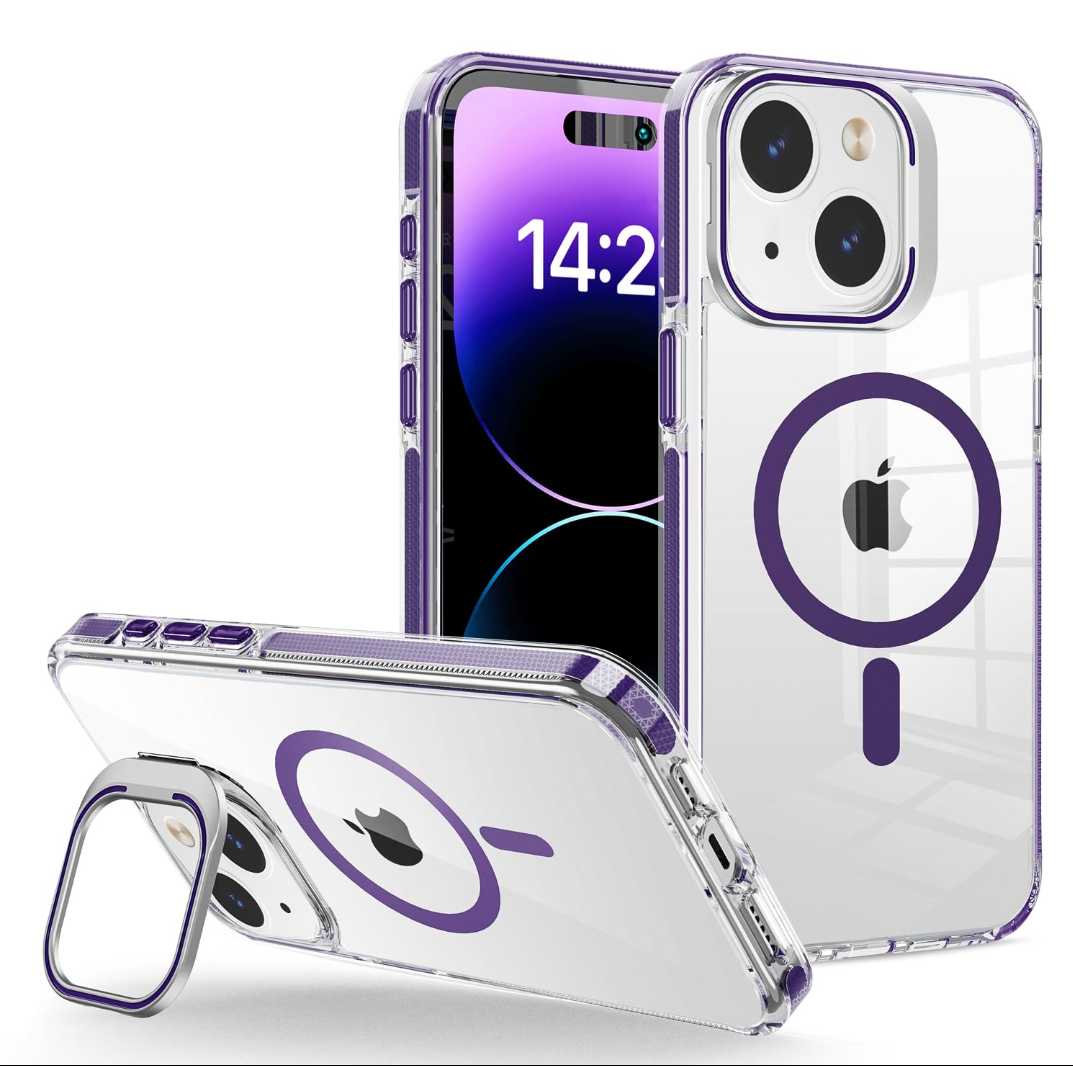 WOGROO for iPhone 15 Plus Case, [Compatible with MagSafe], Magnetic Kickstand Case for Women Girls, Case for iPhone 15 Plus, 6.7", Clear Purple