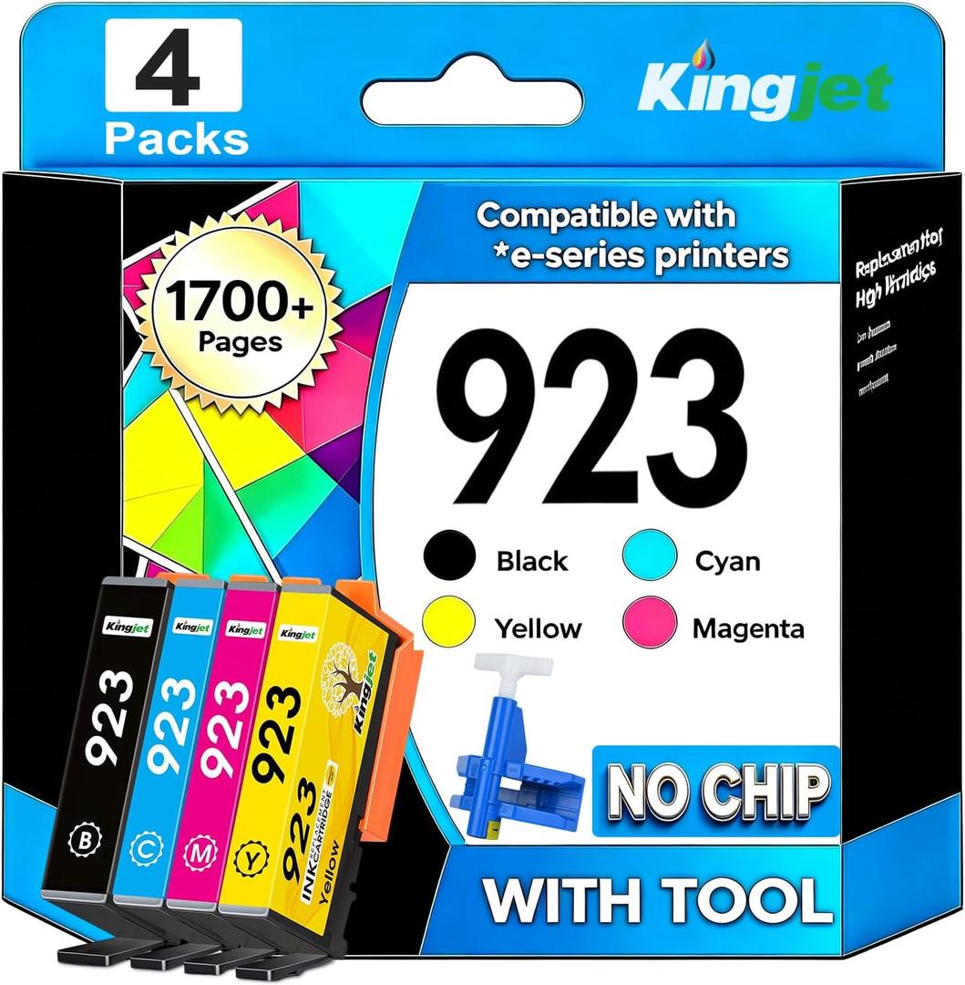 Kingjet 923 Ink Cartridges Replacement for HP 923 Ink 4 Pack with No Chip | Compatible with HP Officejet pro 8130e 8139 8125 8125e 8135 8135e 8139e 8120e 8138e 8120 8122 8124 8138 8132 8134 8122e