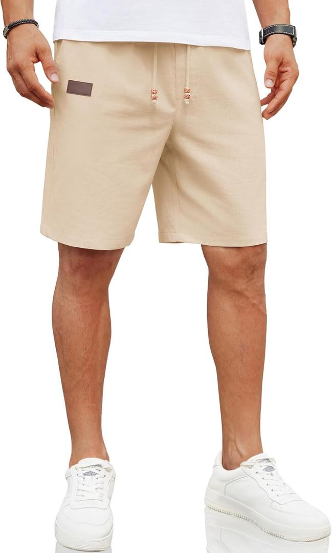 COOFANDY Mens Casual Linen Shorts Elastic Waist Drawstring Loose Fit Summer Beach Vacation Shorts with Pockets (White, L)