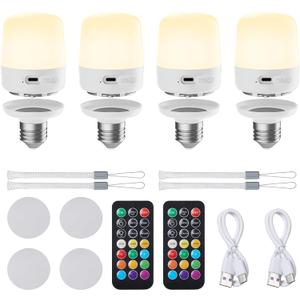 Minetom E26 Rechargeable Light Bulbs with Remote and Timer, Battery Backup Bulb with 12 Colors and Brightness Dimmable, 2300mAh 40W Equivalent LED Light Bulbs for Lamps Sconces Camping, 4 Pack