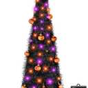 [Timer& Pumpkin] 6 Ft Black Tinsel Halloween Tree with 60 LED Orange Purple Lights, Pop Up Artificial Pencil Tree with Lantern Topper & 15 Jack-O Pumpkin Balls Ornaments for Halloween Decor Indoor