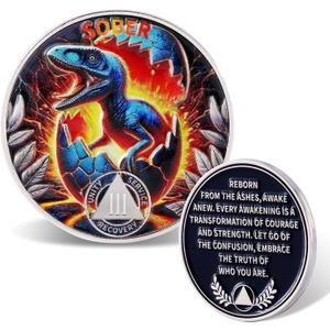 Sober Coin for Reborn Raptor Sobriety Chip Dinosaur Recovery Medallion with Inspirational Quote AA/NA Token AA NA Chips Gift for Men & Women (Reborn Dinosaur, 3 Years)