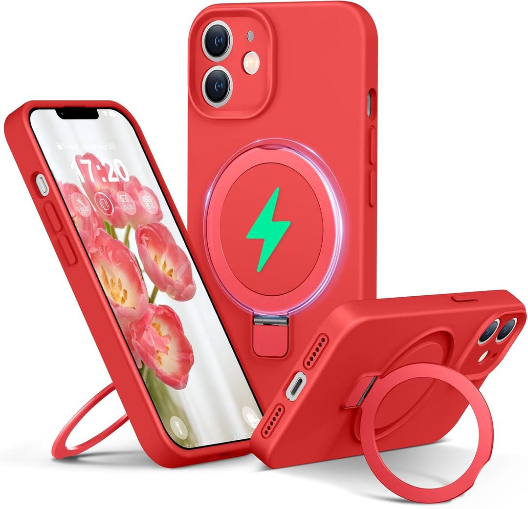 Liquid Silicone Case for iPhone 12 with Magnetic Ring Stand, Upgraded Camera Lens Protection, Mil-Grade Drop Shockproof, Soft Anti-Scratch Microfiber Lining Silicone Case (Red)